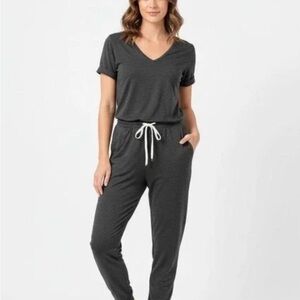 Vuori Cozy V-Neck Drawstring Jumpsuit in Charcoal